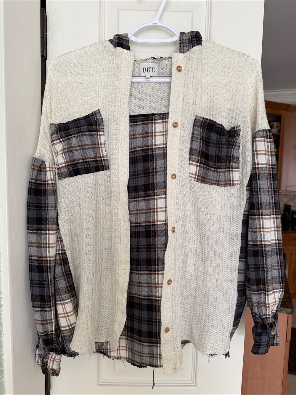 BKE Cream Knit & Brown Plaid Lightweight Hooded Flannel